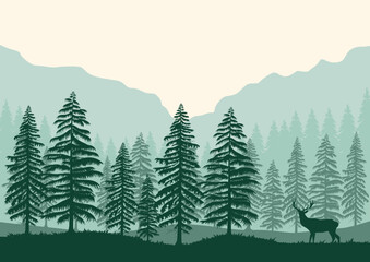 forest landscape and wolf vector illustration.