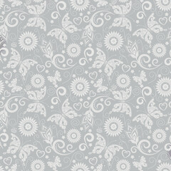 Vector bicolor seamless valentine pattern with vintage flowers and butterflies and hearts