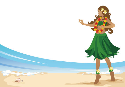Hula girl in Hawaiian costume hula dance standing with Hawaiian blue ocean. Horizontal Background.