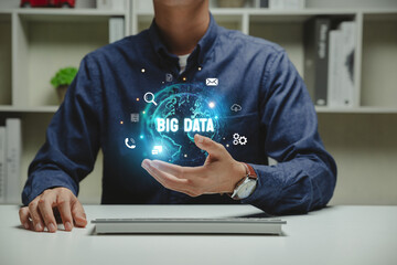 Digital technology concept, Businessman holding big data world. Global internet network.