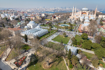 High angle and close-up detailed view of Sultanahmet Square in Fatih district of Istanbul, Turkey on March 28, 2022.