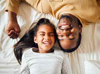Family, love and black man with girl or child lying in bed in a home smiling and bonding by having...