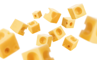 Flying delicious cheese cubes cut out