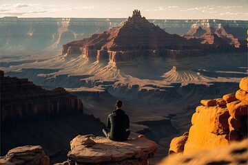 Naklejka na ściany i meble Person sitting in desert surrounded by the grand canyon. Generative AI
