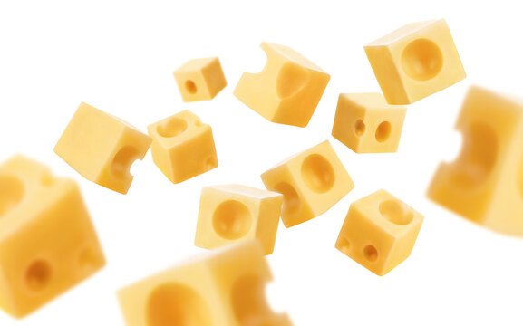 Flying delicious cheese cubes cut out
