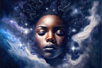Astral African American goddess floating through the universe with stars and nebula clouds