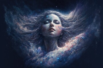 Generative AI astral european goddess of love floating through the universe with stars and nebula clouds