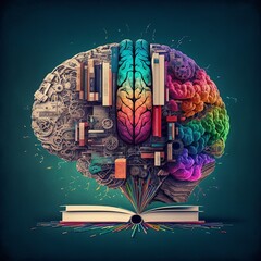 Brain and books. Concept for learning new skills, education and creativity. Generative AI.