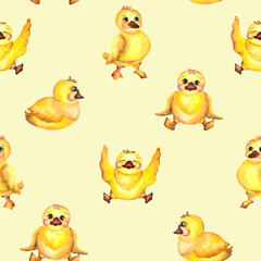 Pattern. Watercolor baby illustration. Watercolor baby pattern with ducklings, boots umbrella and ships