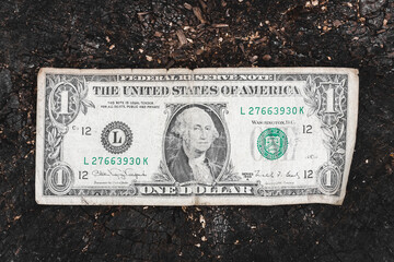 One American dollar. Dollar banknote. Aged dollar. One dollar close-up.