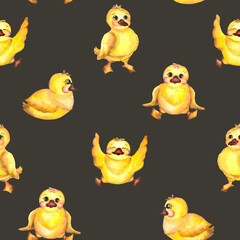 Pattern. Watercolor baby illustration. Watercolor baby pattern with ducklings, boots umbrella and ships