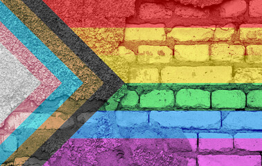 The Progress Pride flag lgbtq Progress LGBTQ rainbow flag . Freedom and love concept. Pride month. activism, community and freedom Concept. Copy space