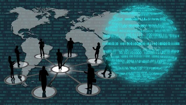 Filmato. Illustrazione 3D. Sfondo mondo digitale. Sequenza di zero e uno concetto di connessione globale tra persone, social network, e dispositivi informatici.