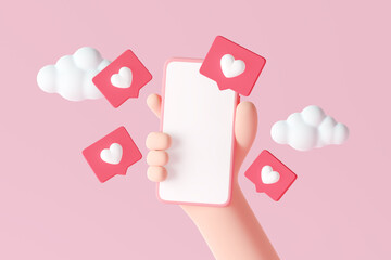 3D hand holding smartphone. Social media marketing. like notification red pins on through smartphone screen. Posting a comment Sending a message. Cartoon Minimalist on pink background. 3d rendering