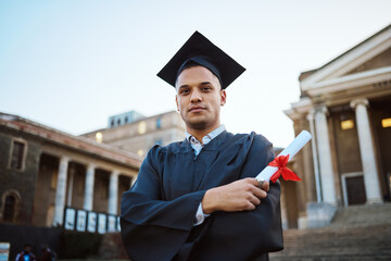 Student graduation, portrait and man with certificate, diploma or degree. University education,...