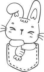 Happy smile Kawaii bunny rabbit in t shirt pocket cartoon doodle hand drawing outline for colouring