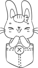 Happy smile Kawaii bunny rabbit in t shirt pocket cartoon doodle hand drawing outline for colouring