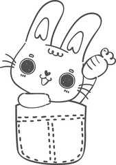 Happy smile Kawaii bunny rabbit in t shirt pocket cartoon doodle hand drawing outline for colouring