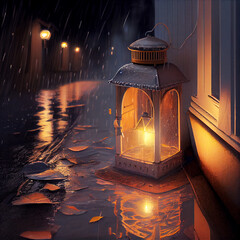 Rain in city, created with generative AI tehnology.