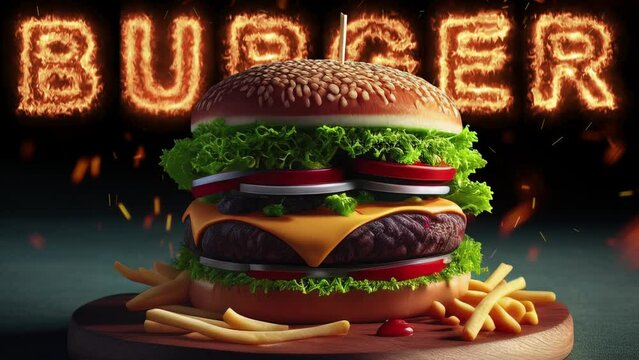 Video eines heroischen Cheeseburger / Burger vor Flammen / Funken und einem brennendem Burger Schriftzug