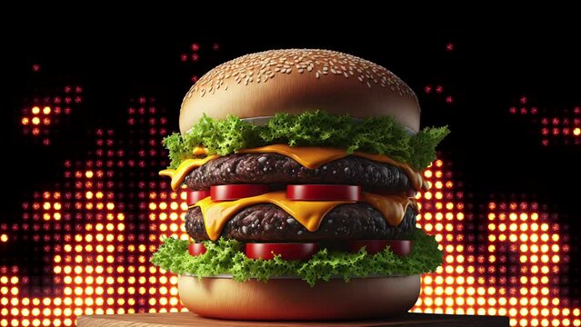 Video eines heroischen Cheeseburger / Burger vor Flammen / Funken. 
