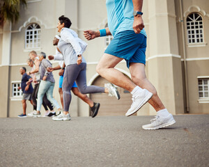 Fitness, senior or people running in a marathon race or cardio exercise challenge on city street...