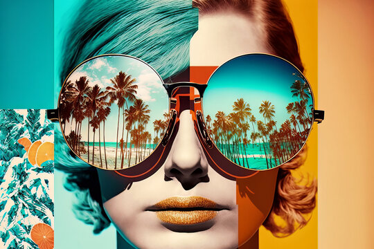 Fototapeta Fashion woman wearing sunglasses on the beach. 60s retro style collage. Illustration, Generative AI
