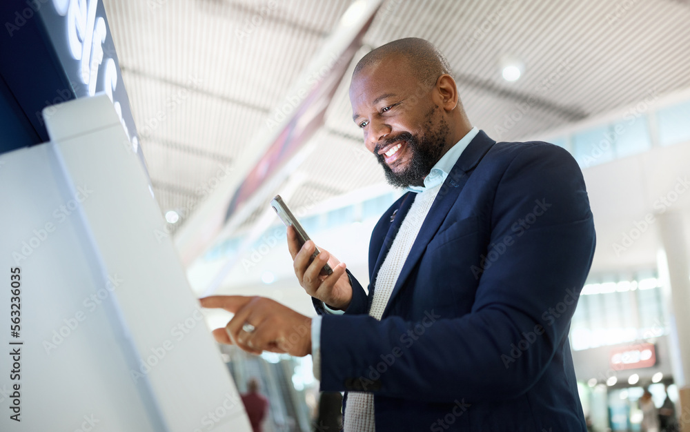 Poster check in, email and black man with a phone for travel information, communication and connection. con