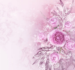 Floral beautiful card, pink, lilac colors, marble background, rose flower, leaves, graphic swirls, 3d rendering
