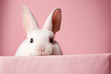 Obraz premium Cute easter rabbit sticking out pink corner on pink background with empty space for text or product. Currious small bunny symbol of spring and easter