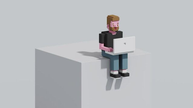 Young man with laptop typing something. 3D cartoon animation loop