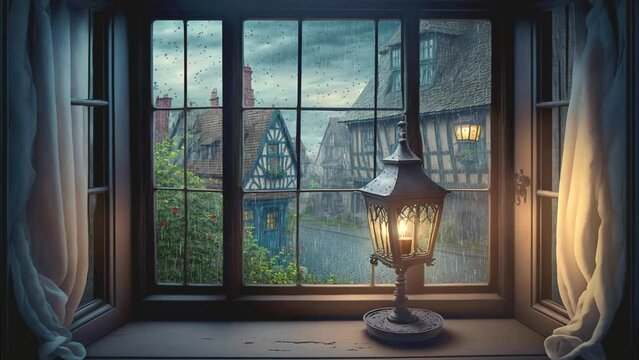 雨の日の街とランタン　窓　ファンタジー　中世ヨーロッパ　ループ　シームレス