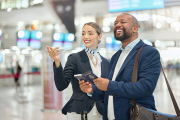 Woman, help or black man in an airport with a passport to travel asking for a gate agent for directions. Airplane, hospitality or friendly worker helping an African businessman with a happy smile - obrazy, fototapety, plakaty