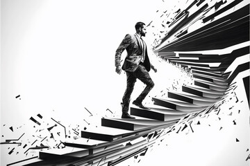 Abstract, simple, ink illustration of a man going towards his goal, overcoming difficulties