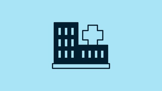 Blue Medical hospital building with cross icon isolated on blue background. Medical center. Health care. 4K Video motion graphic animation