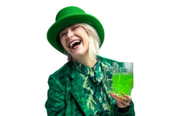 PNG Shot of a beautiful smiling woman wearing green hat. St. Patrick's Day celebration. Transperent background.