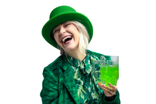 PNG Shot of a beautiful smiling woman wearing green hat. St. Patrick's Day celebration. Transperent background.
