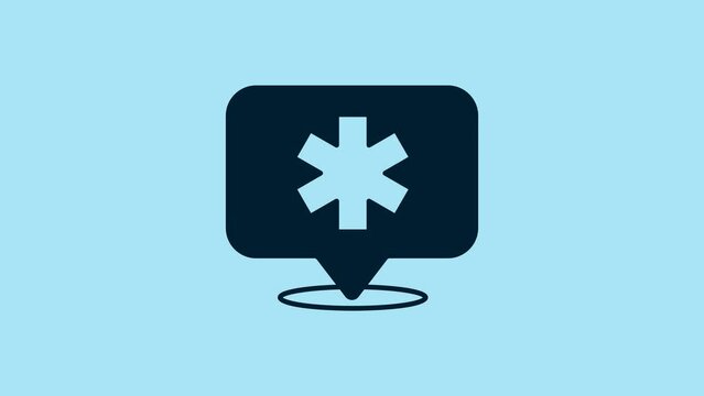 Blue Medical map pointer with cross hospital icon isolated on blue background. 4K Video motion graphic animation