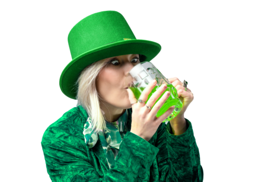 PNG Shot of a beautiful smiling woman wearing green hat. St. Patrick's Day celebration. Transperent background.