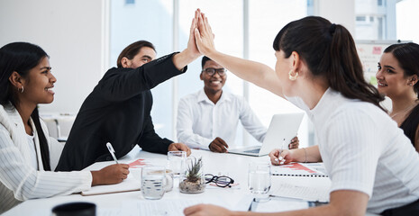 Business meeting, high five and teamwork success for target goals, report management and sales analysis in office. Team, hands celebrate and happiness for corporate achievement or growth motivation