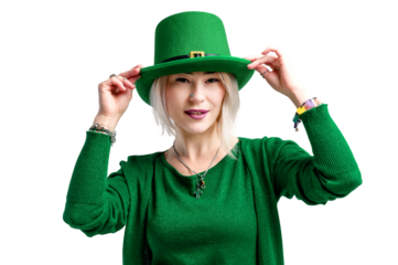 PNG Shot of a beautiful smiling woman wearing green hat. St. Patrick's Day celebration. Transperent background.