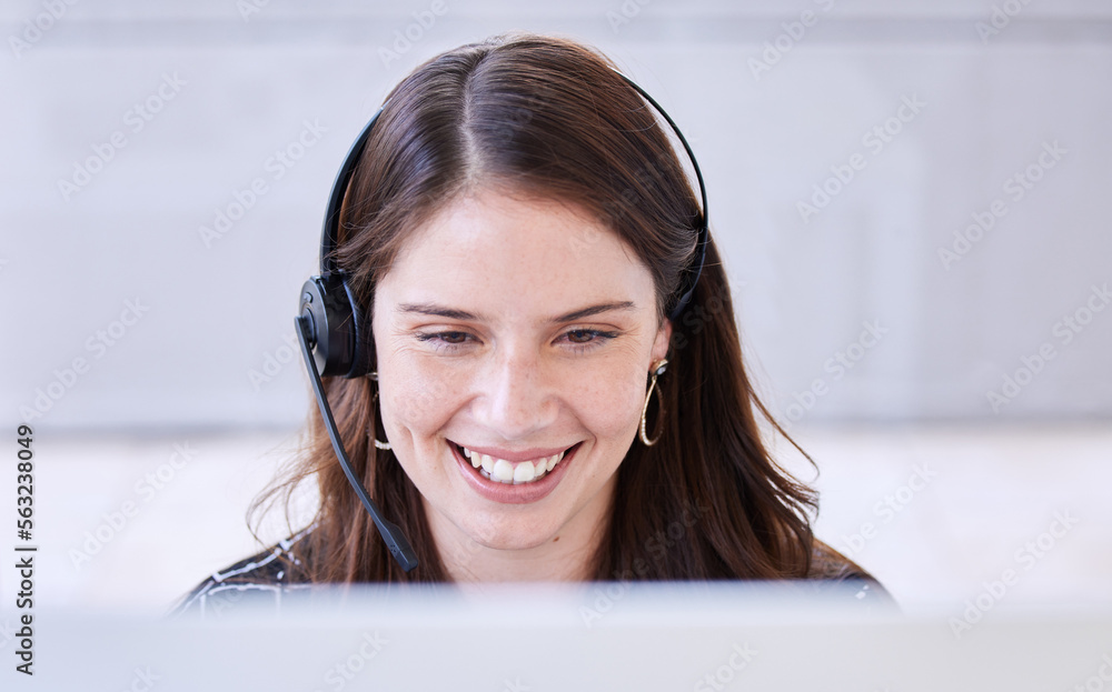 Poster woman, call center and smile with computer for customer service, advice and conversation while readi