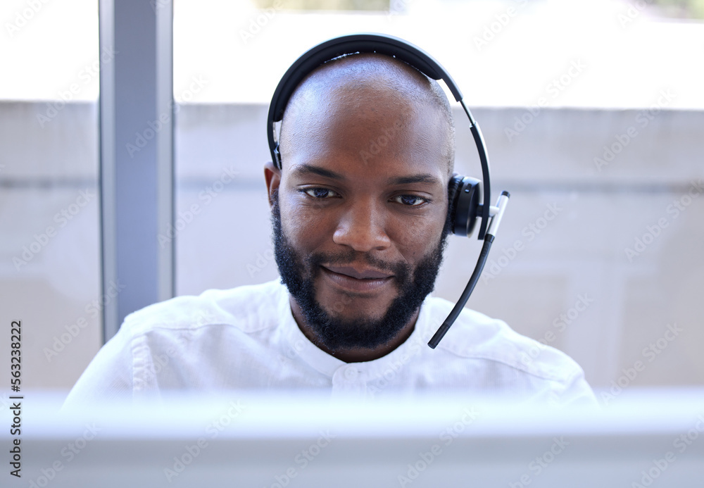 Poster black man, face and headset in call center, contact us with crm and phone call with client and focus