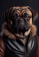 Pug wearing a leather jacket - Dog Breed Portrait