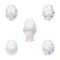 Watercolor hand drawn Easter celebration clipart. Set of painted eggs in porcelain cups. Pastel color. Isolated on white background. For invitations, gifts, greeting cards, print, textile