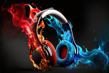 Headphones With Red And Blue Flame Around It Generative AI