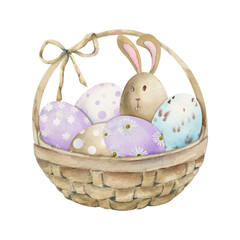 Watercolor hand drawn Easter celebration clipart. Basket with painted eggs, grass, bunnies, pastel color. Isolated on white background Design for invitations, gifts, greeting cards, print, textile