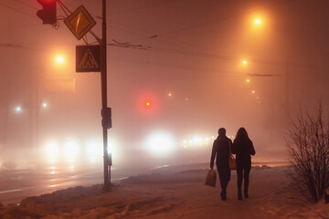 City at night in dense fog. People walking down a city street in the fog. A cityscape at night.  Fog in the city, evening.  Women walking in the dark in the light of car headlights. 