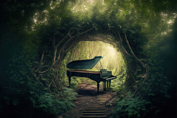 Beautiful piano in the sunlight among lush trees
