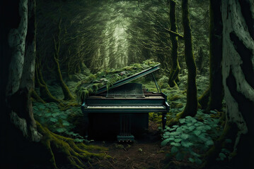 green forest scene with a grass-covered beautiful piano
